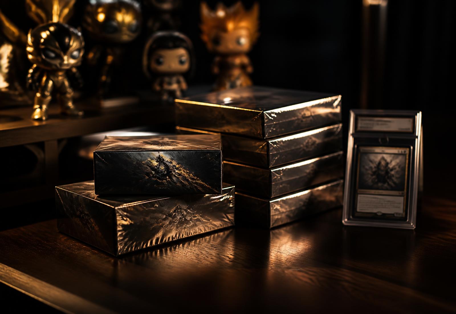 Sealed trading card boxes and collectible figures on a collector's table